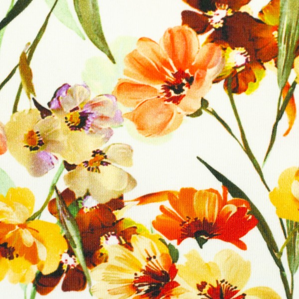 Baumwolljersey bedruckt FLORA Blumen Gelb/Koralle von Swafing