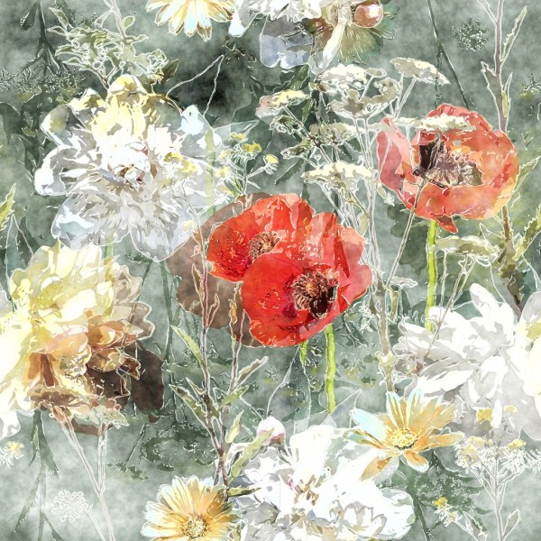 Viskose Popeline Bedruckt, Künstlerisches Blumen Muster