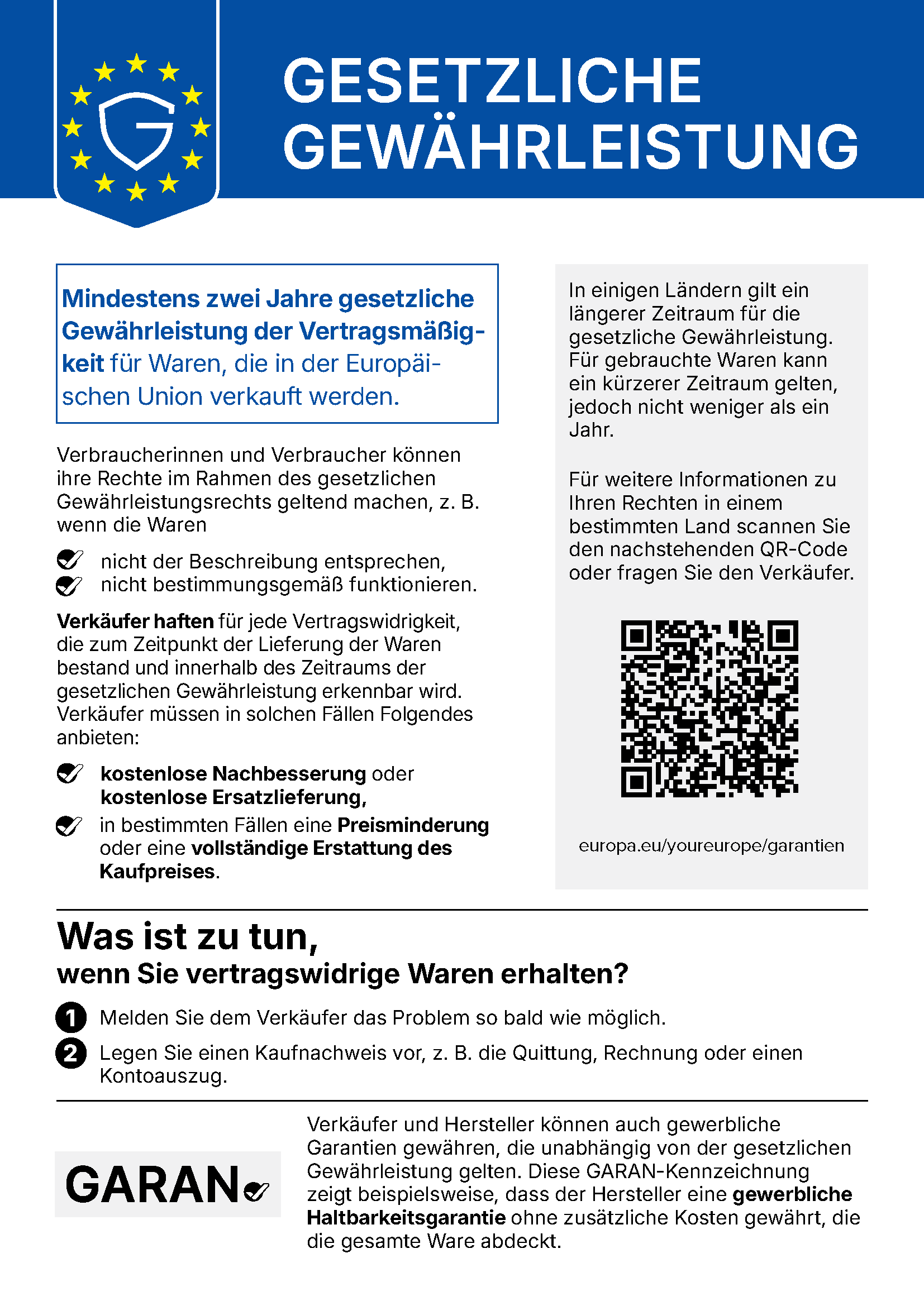 Offizieller EU-Hinweis zur gesetzlichen Gewährleistung für Waren