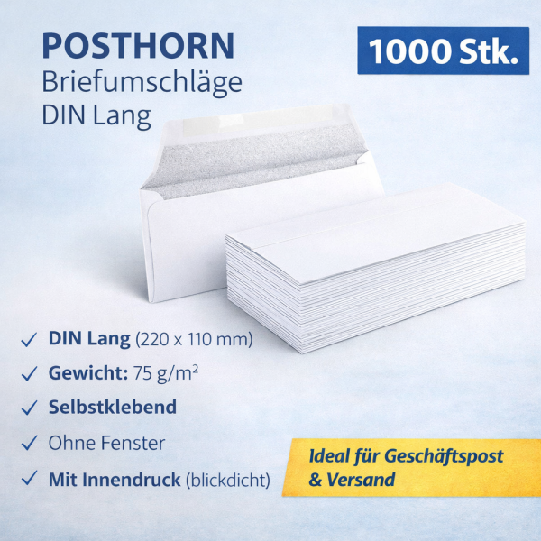 POSTHORN Briefumschläge DIN Lang 01220153 – 1000 Stück, selbstklebend, ohne Fenster, 75 g/m²