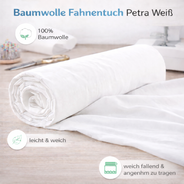 Baumwolle Fahnentuch Petra Weiß – 100% Baumwolle, leicht, weich & vielseitig, ca. 143 cm breit