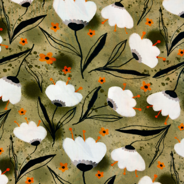 Viskose Popeline Bedruckt, Army farbenes Blumen Muster