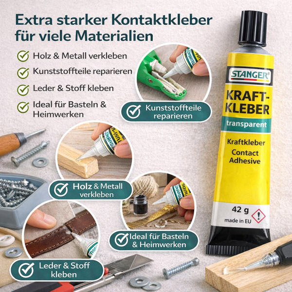 Stanger Kraftkleber 42 g – transparenter Kontaktkleber mit starker Haftung für Holz, Metall & Kunsts