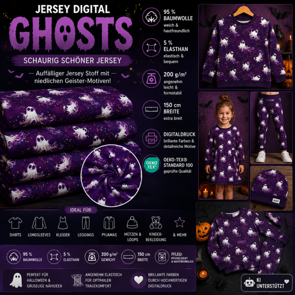 Baumwolljersey Ghosts – Digitaldruck mit Geistern | Halloween Stoff