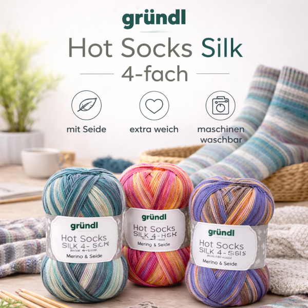 Gründl Hot Socks Silk 4-fach Sockenwolle 100g – Merino, Seide & Polyamid, Farbverlauf Garn