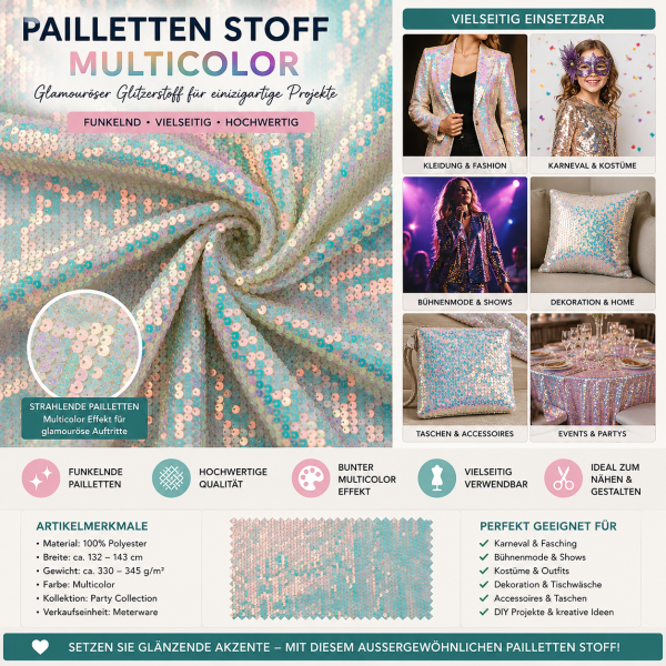 Pailletten Stoff Multicolor – Glitzer Stoff für Karneval, Bühne & Fashion