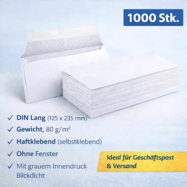 1000 Briefumschläge DIN Lang – haftklebend, ohne Fenster, weiß (80 g/m²)