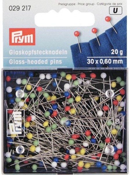 Glaskopfnadeln, 0,60 x 30mm, bunt, 20g, Karte mit Dose