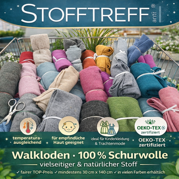 Walkloden 100% Schurwolle – Stückware– 140 cm breit – ab 30 cm – Stofftreff Santi®