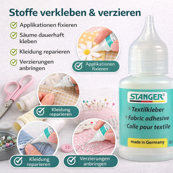 Stanger Textilkleber 50 g – lösungsmittelfrei, transparent trocknend – für Stoff, Kleidung & DIY