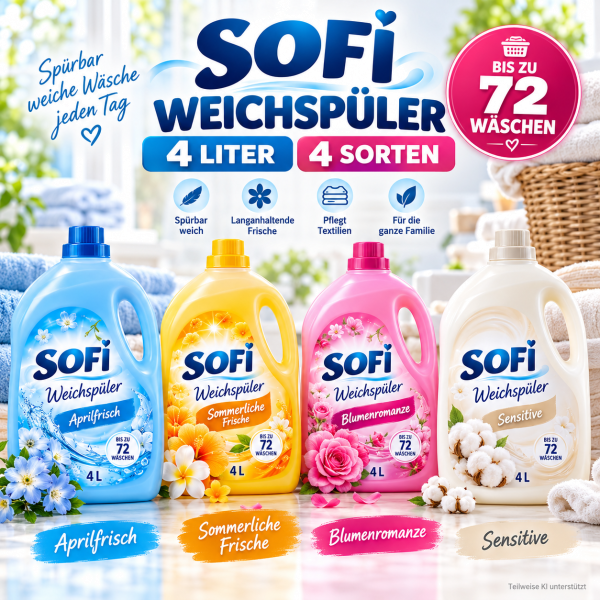 Sofi Weichspüler 4 Liter – bis zu 72 Wäschen | 4 Duftvarianten