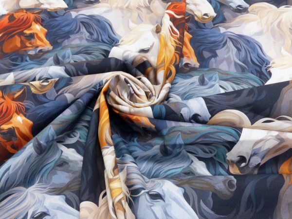 Popeline Digital Druck Pferde Köpfe-Weiß