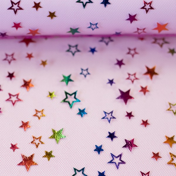 Twinkle Tüll mit Glitzerprint – Herzen & Sterne – 145 cm – 100% Polyester