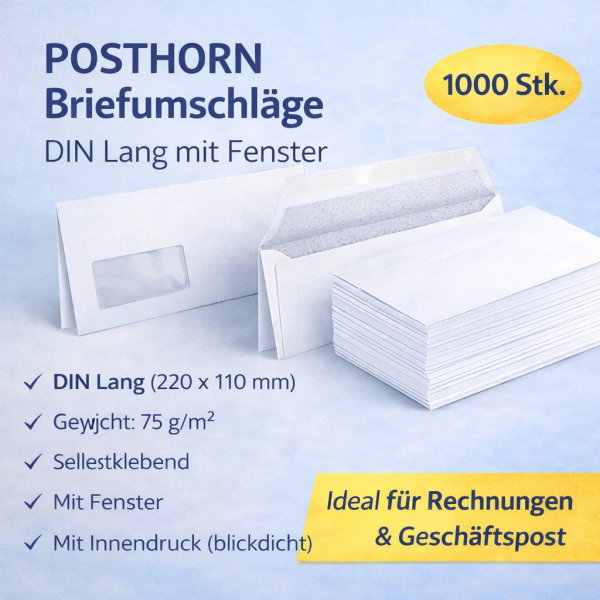 POSTHORN / BONG Briefumschläge DIN Lang mit Fenster – selbstklebend, 75 g/m², weiß