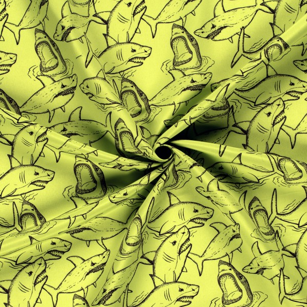 Badeshorts Stoff Recycelt Wasserabweisend Digitaldruck Haie Lime Grün