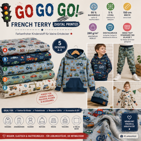 French Terry GO GO GO – Digitaldruck mit Fahrzeugen | 95 % Baumwolle | Kinderstoff