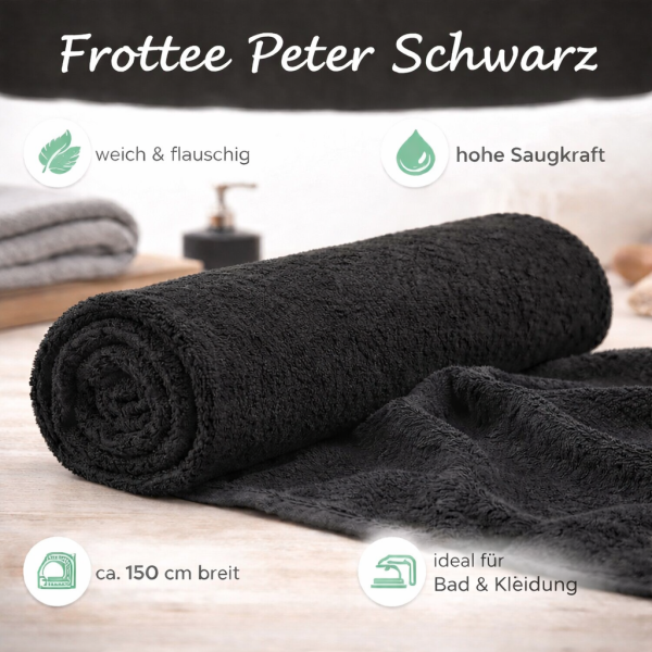 Frottee Peter Schwarz – weicher Baumwollfrottee, saugfähig & flauschig, 150 cm breit