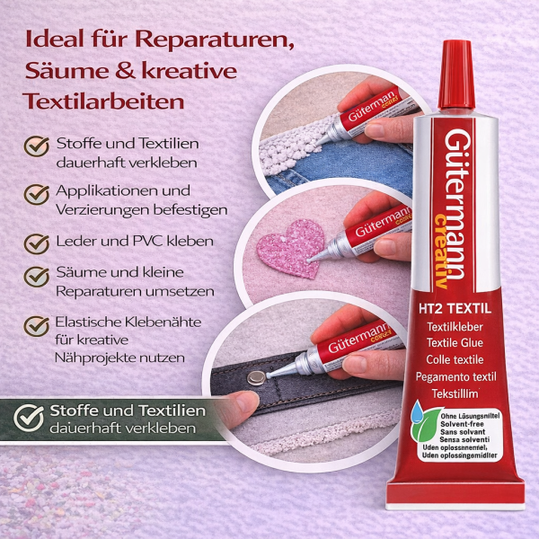 Gütermann Textilkleber HT2 30 g – lösemittelfrei, elastisch & waschbeständig