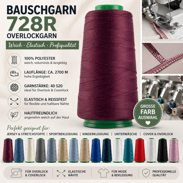 Bauschgarn – Overlockgarn 2700m – 100% Polyester – elastisches Lockgarn für Overlock & Coverlock