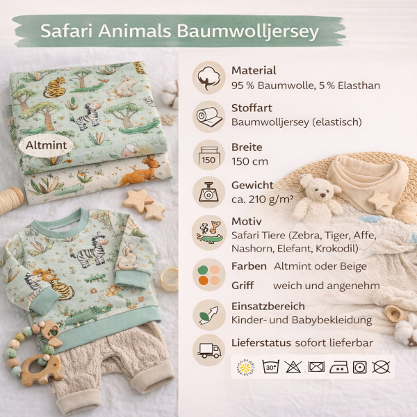 Safari Animals Baumwolljersey – Altmint oder Beige – 95% Baumwolle – 150 cm