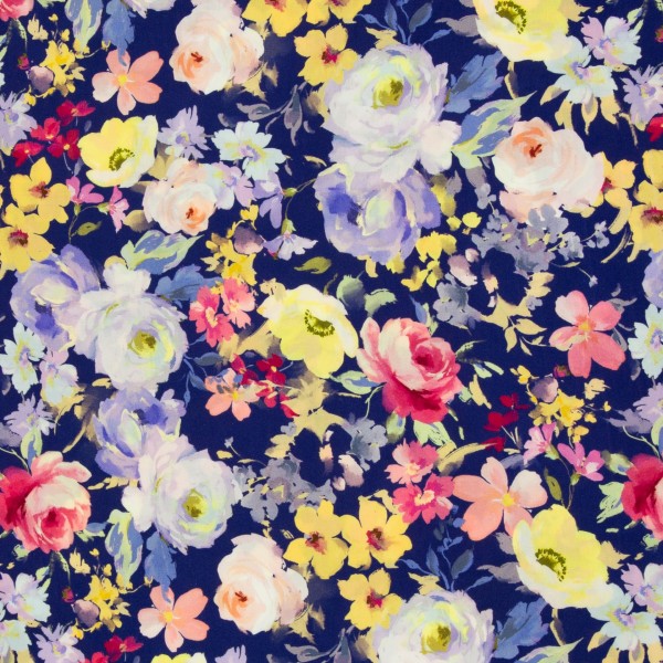 Viskose bedruckt MALIS Blumen Flieder/Gelb/Dunkelblau von Swafing