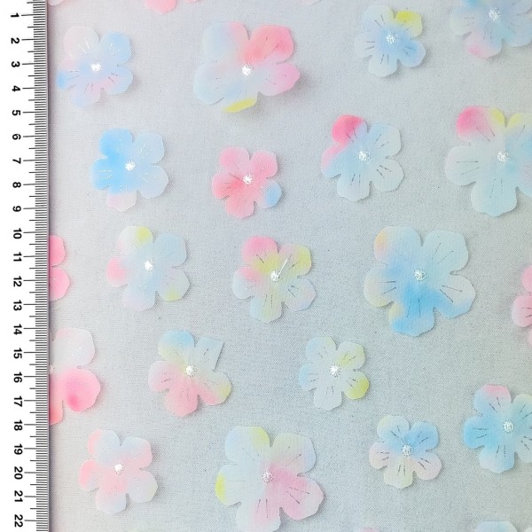 Tüll Stoff mit multicolor Retro-Blumen – bestickter Netzstoff 140 cm