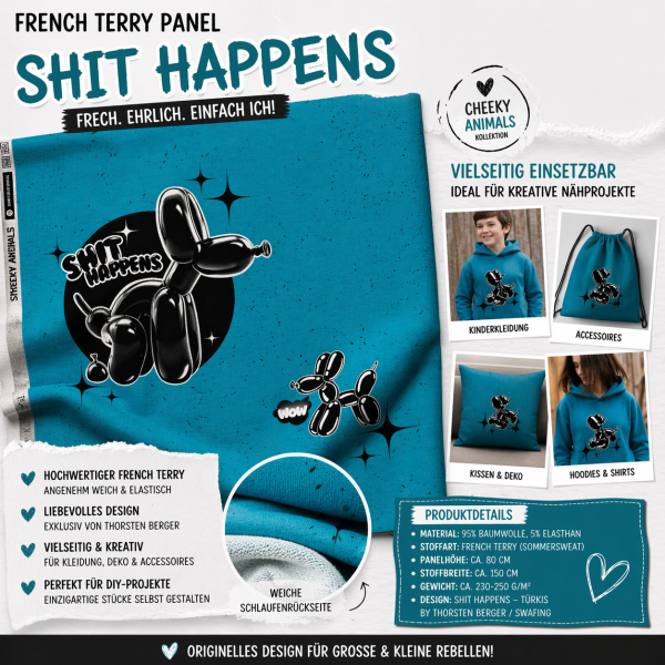 French Terry Panel „Shit Happens“ Türkis – Thorsten Berger Swafing Stoffpanel ca. 80 cm