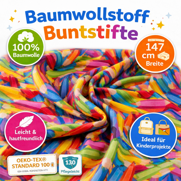 Tim Baumwolle Webware – Buntstifte Allover bunt – 100% Baumwolle – 147 cm