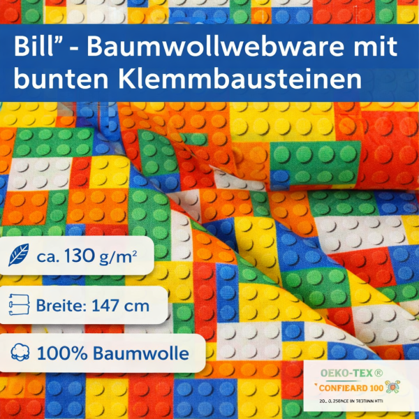 Bill Baumwollstoff mit Klemmbausteinen & Fahrzeugen – ideal für Schultüten & Kinderprojekte