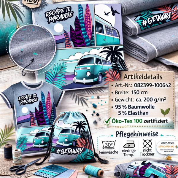 Getaway by Thorsten Berger Jersey Panel – Escape to Paradise – 95% Baumwolle – 150 cm