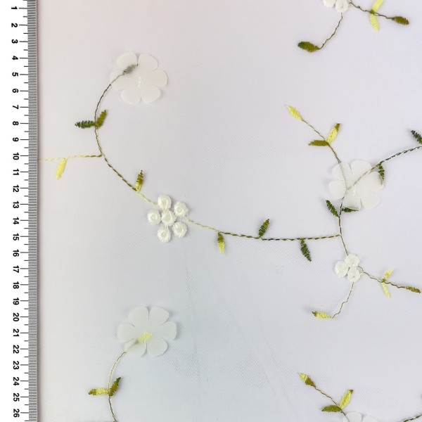 Tüll Stoff mit multicolor Retro-Blumen – bestickter Netzstoff 140 cm