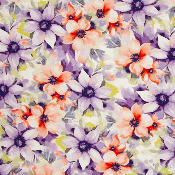 Baumwolljersey bedruckt FLORA Blumen Lila/Rot von Swafing