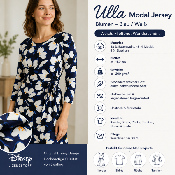 SWAFING Modal Baumwolljersey Ulla Blumen Blau Weiß