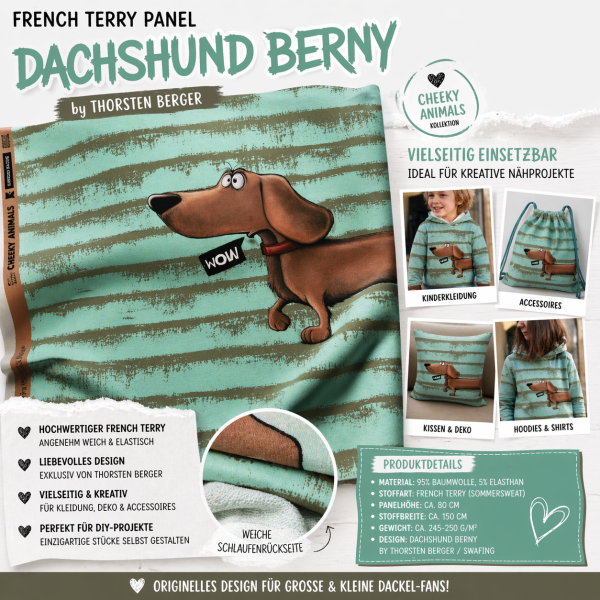 French Terry Panel „Dachshund Berny“ by Thorsten Berger – Swafing Dackel Stoffpanel ca. 80 cm