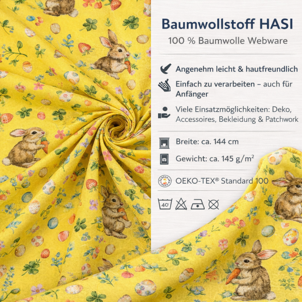 Baumwollstoff „HASI“ – Süße Oster-Webware aus 100 % Baumwolle