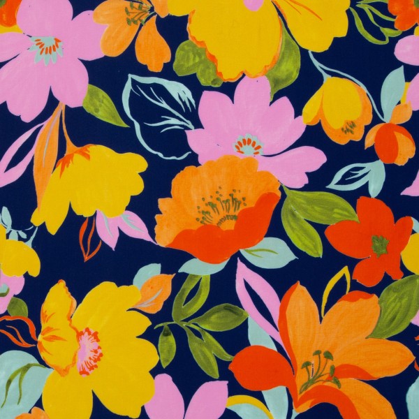 Viskose bedruckt MALIS Blumen Apricot/Gelb/Dunkelblau von Swafing