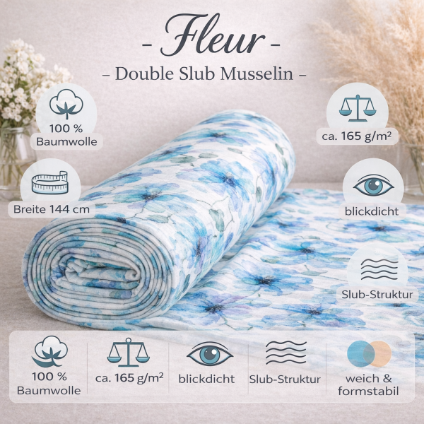 Double Slub Musselin „Fleur“ – Baumwolle mit Blümchendesign – 165 g/m² – 144 cm