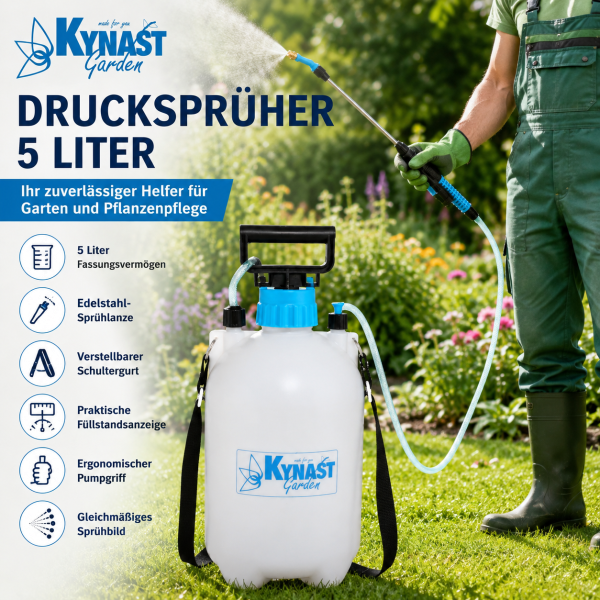 Kynast Garden Drucksprüher 5 Liter – Pumpsprüher mit Schultergurt & Edelstahl-Sprühlanze
