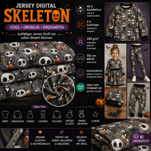 Baumwolljersey Skeleton – Digitaldruck mit Skeletten | 95 % Baumwolle