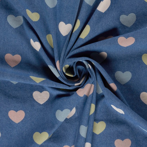 Jeansstoff Herzen – Indigo Denim mit Herzmuster
