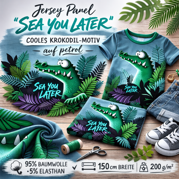 Jersey „Sea You Later“ – Krokodil Panel auf Petrol – 95% Baumwolle