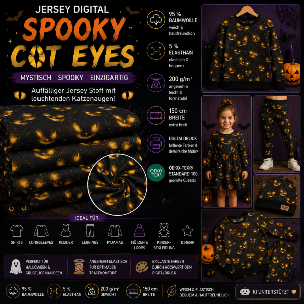 Baumwolljersey Spooky Cat Eyes – Katzenaugen Digitaldruck | Halloween