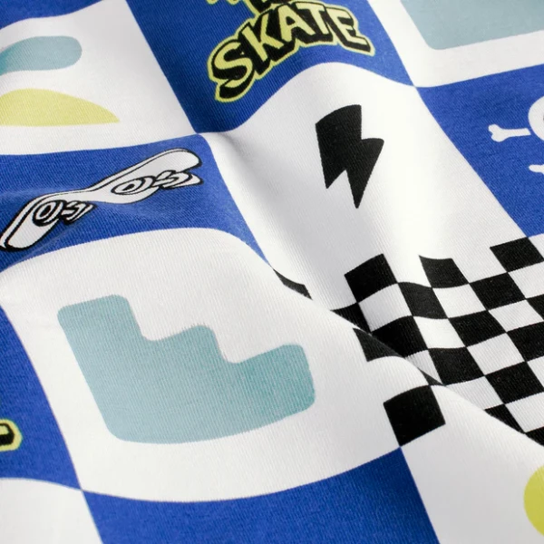 Baumwolle Jersey Stoff bedruckt Skateboards Weiß