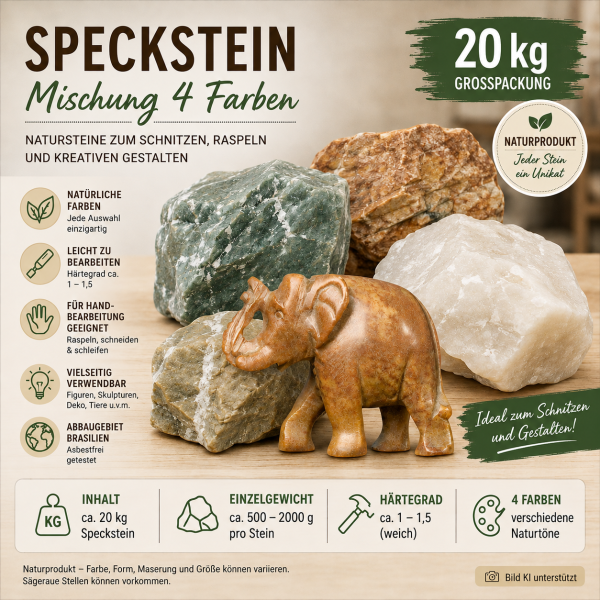 Speckstein Mischung 4 Farben 20 kg – Naturstein zum Schnitzen & Gestalten