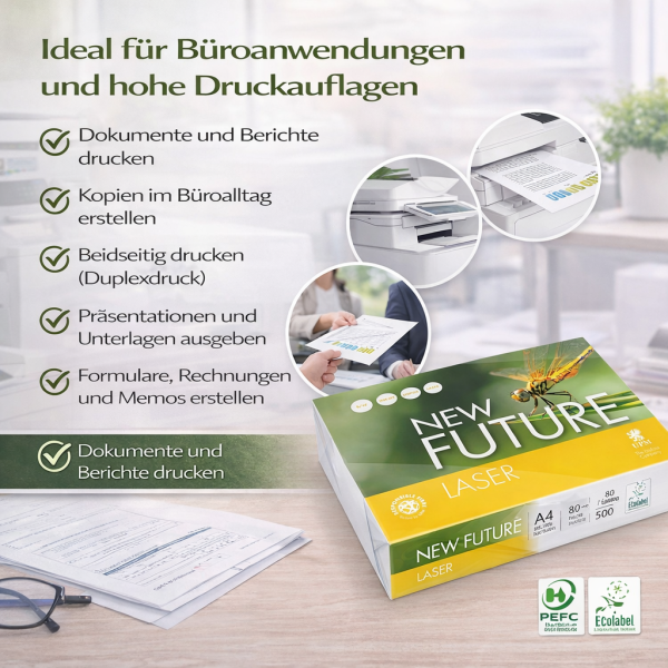 New Future Laser PEFC Kopierpapier A4 80 g/m² – 500 Blatt – hochweiß, duplexfähig & nachhaltig