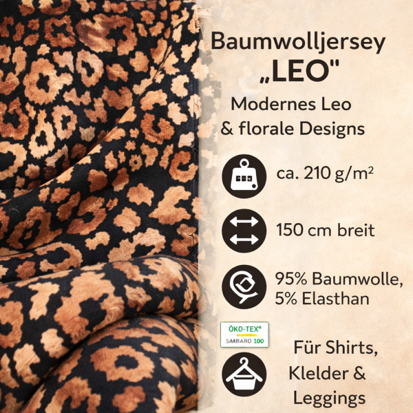 Baumwolljersey „LEO“ – 95% Baumwolle, 210 g/m², 150 cm breit – moderne Leo- & florale Designs