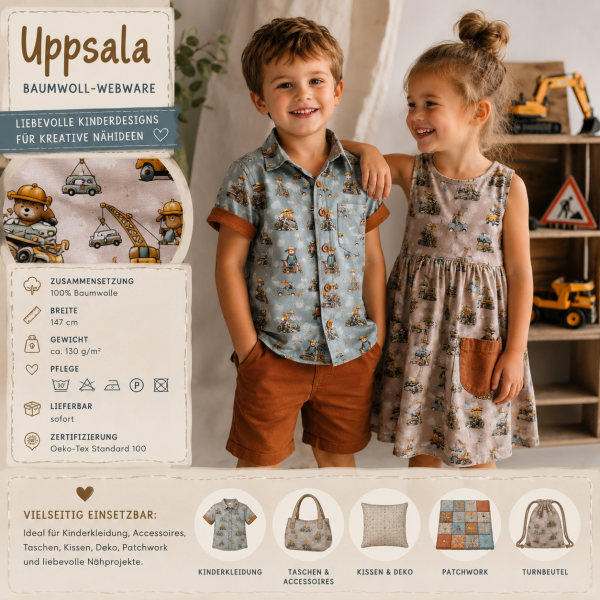 Swafing Uppsala Baumwoll-Webware Baustelle & Fahrzeuge – 100 % Baumwolle