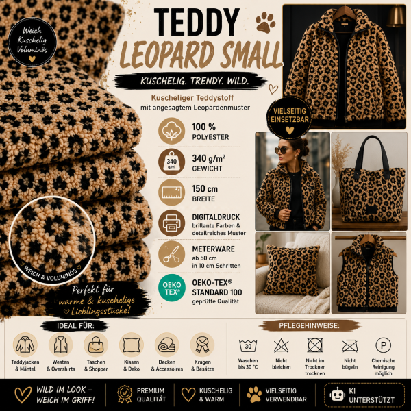 Teddystoff Leopard Small – kuscheliger Leo Plüschstoff | 340 g/m²
