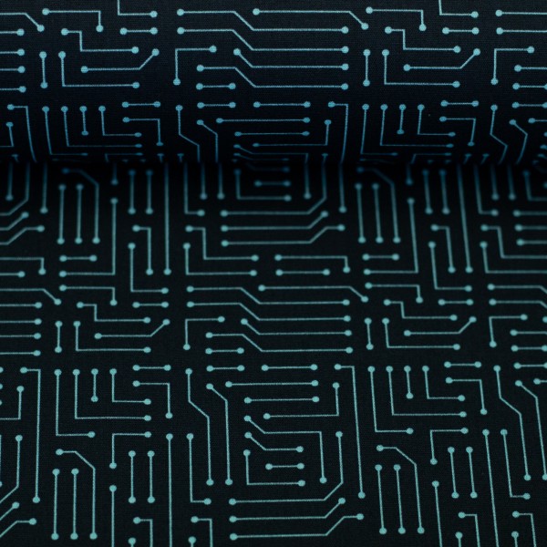 Swafing Hitech Baumwoll-Webware Schwarz Türkis – Futuristischer Grafikstoff aus 100 % Baumwolle