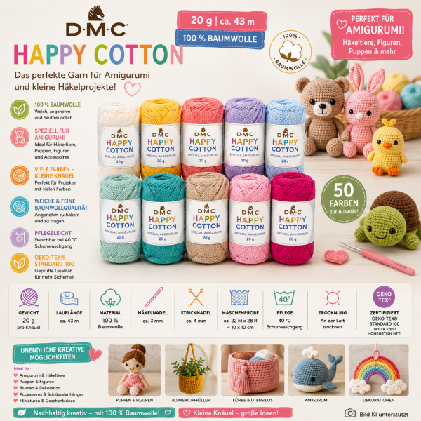 DMC Happy Cotton 20 g – 100 % Baumwolle | Amigurumi Häkelgarn | viele Farben